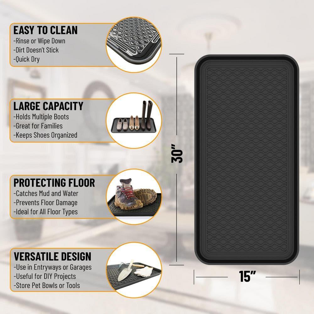 Ottomanson Easy Clean, Waterproof Indoor/Outdoor Rubber Boot Tray, 15" x 30", Black