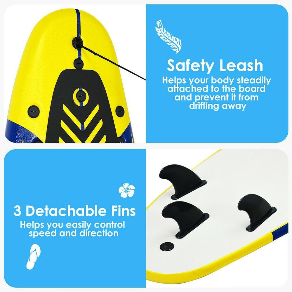 Costway 6' Surfboard Foamie Body Surfing Board W/3  Fins & Leash for Kids Adults Yellow