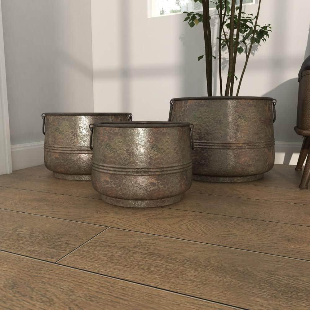 Gracie Oaks Cowden 3 Piece Metal Distressed Bucket Style Indoor Outdoor Bronze Planter with Side Ring Handles Set
