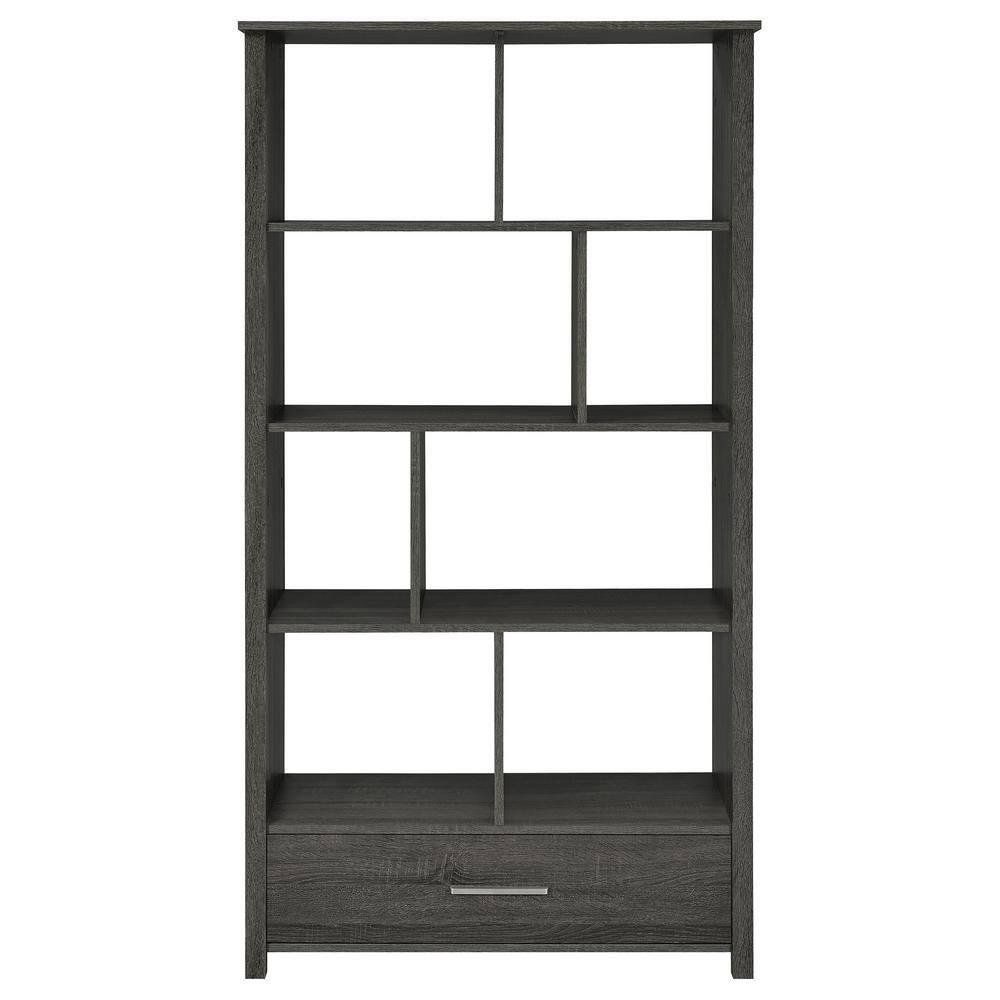 68" Dylan 8 Shelf Bookcase with Storage Drawer Weathered Gray - Coaster: Modern Home Office Furniture