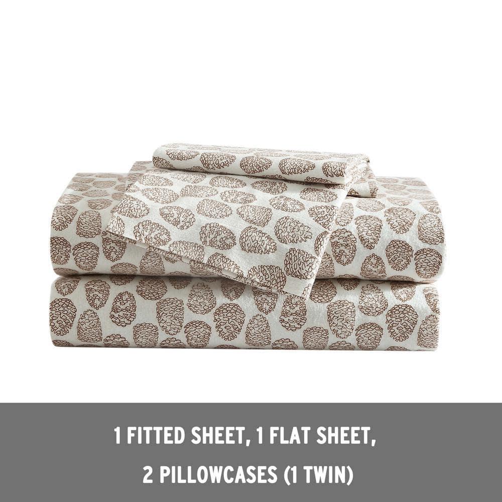 Beige Cotton Flannel Twin Sheet Set with Pine Cone Print