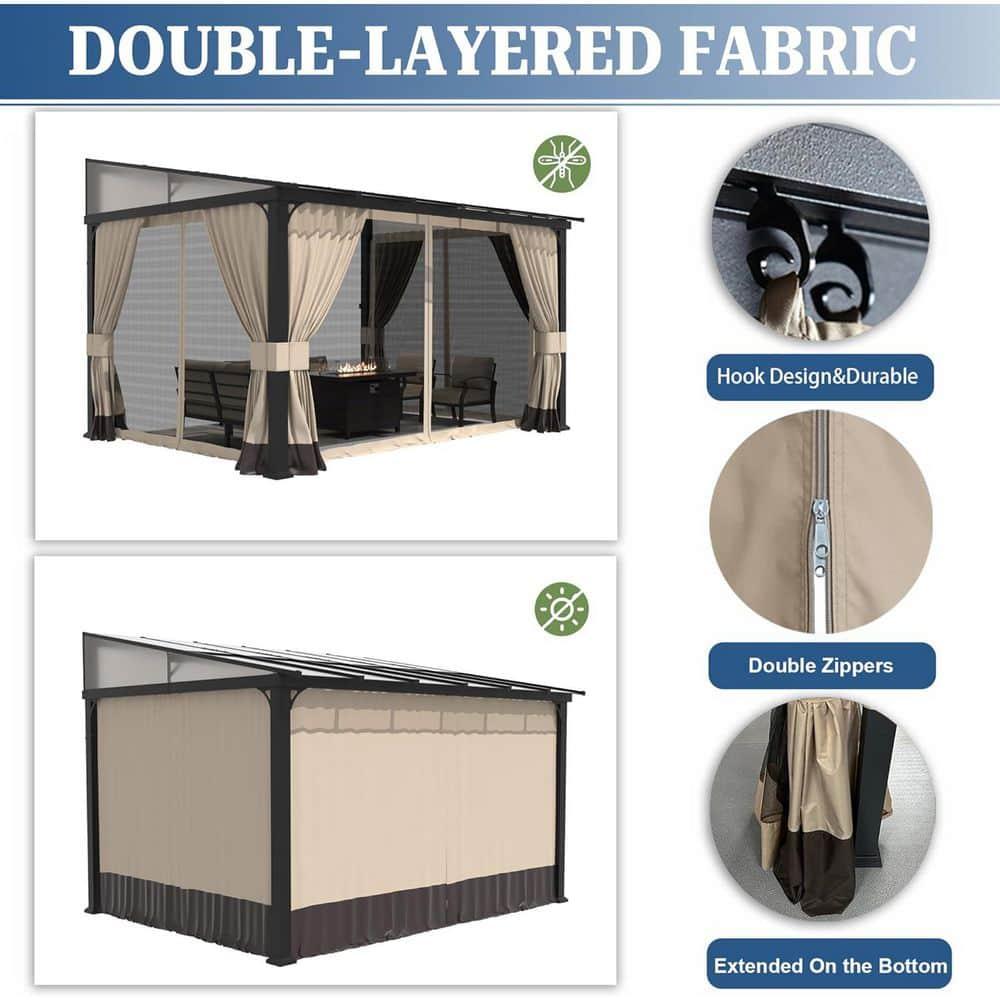 10 ft. x 12 ft. Brown Hardtop Wall Mounted Gazebo with Sloping Pitched Roof and Curtain Sand