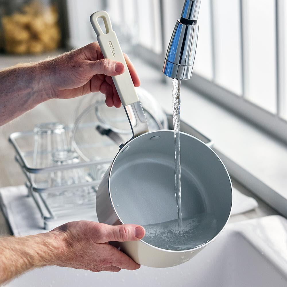 Bobby Flay 2.54qt Ceramic Nonstick Aluminum Sauce Pan with Lid Cream: Dishwasher-Safe, Lifetime Warranty, PTFE & PFOA Free