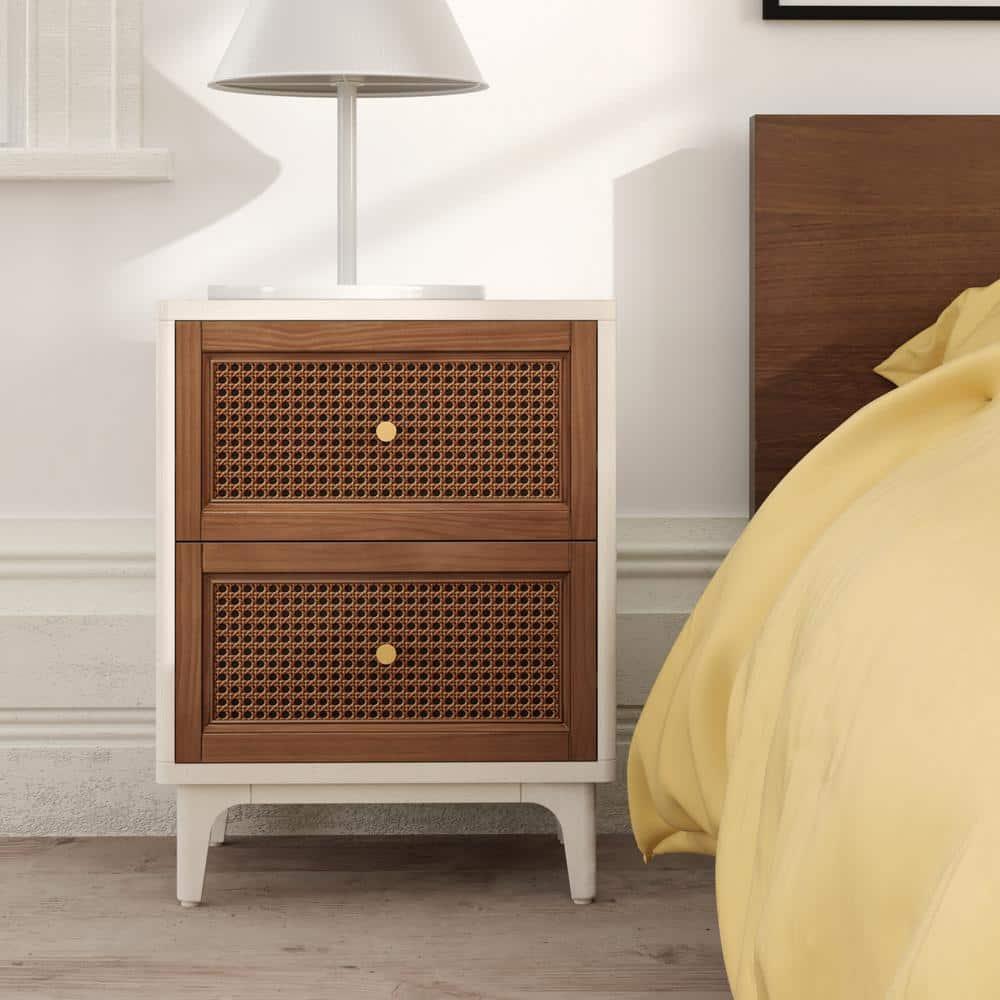 COZAYH 2-Drawer Woven Cane Front Accent Nightstand with Brass Knobs for Living Room, Hand-Scratched Aging Finish, Bedroom, White