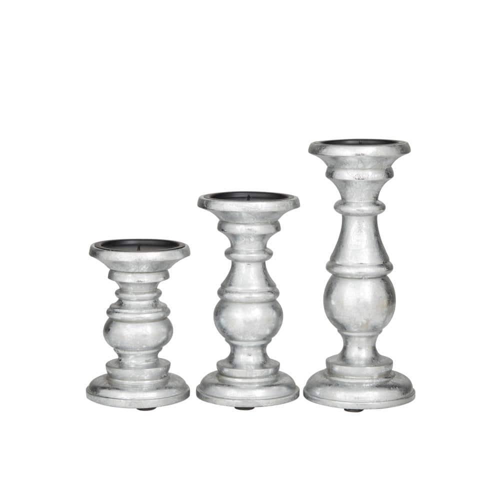 AULIYA Wooden Candle Holders Pillar Candles Holder Rustic Wood Stand Decorative Polish Candlestick Set of 3 for Home Decor - 6" 8" 10" Silver