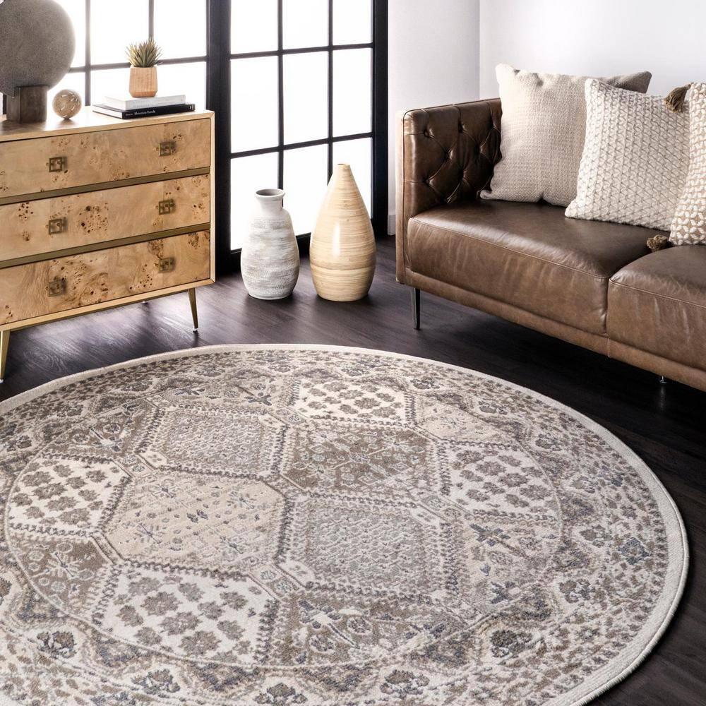 Nuloom 6 Round Becca  Tiled Indoor Area Rug, Beige, Faded Transitional Design, Stain Resistant, BedroomLiving Room, Kitchen,