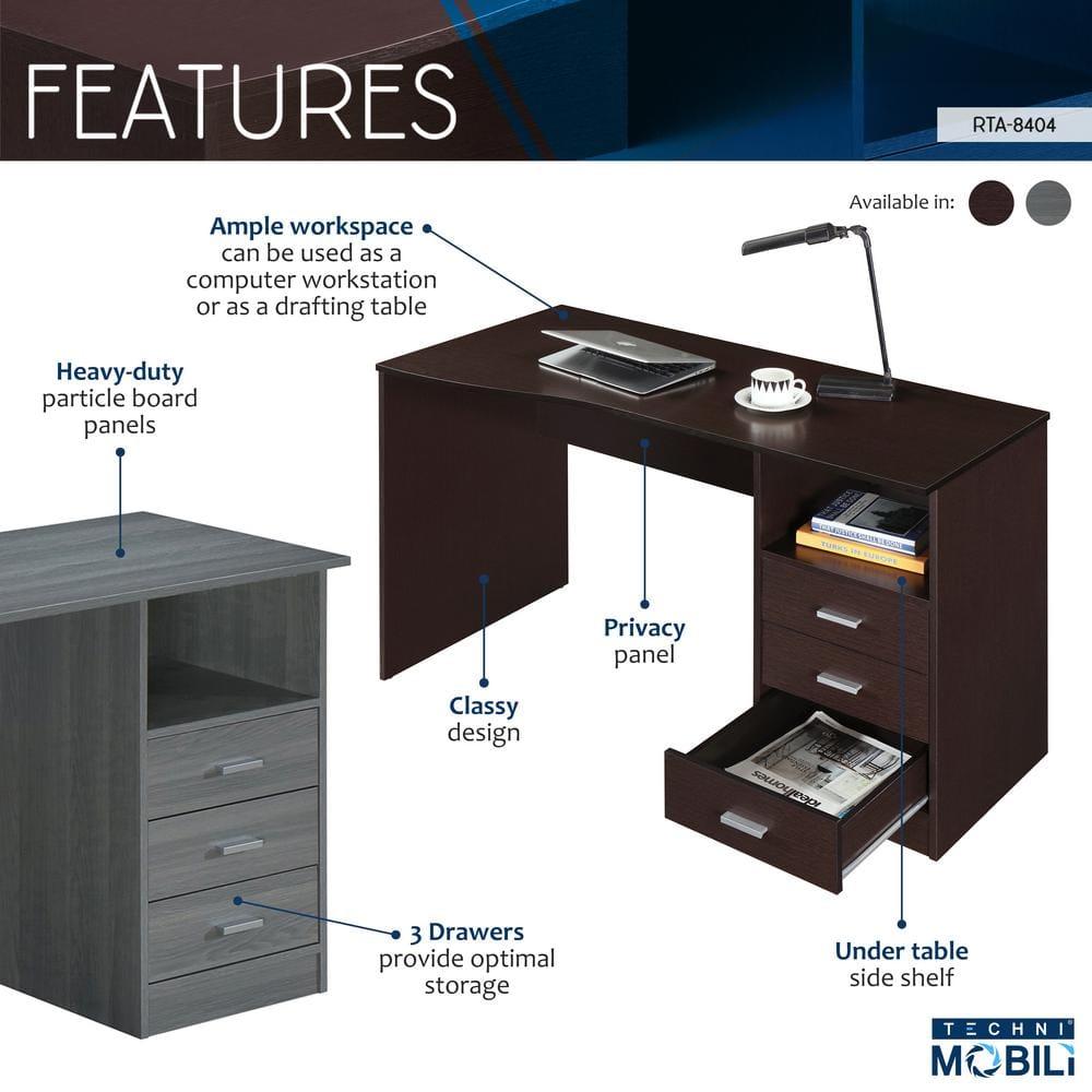 Classic Computer Desk with Multiple Drawers Gray - Techni Mobili: Office Workstation, Laminated Particle Board