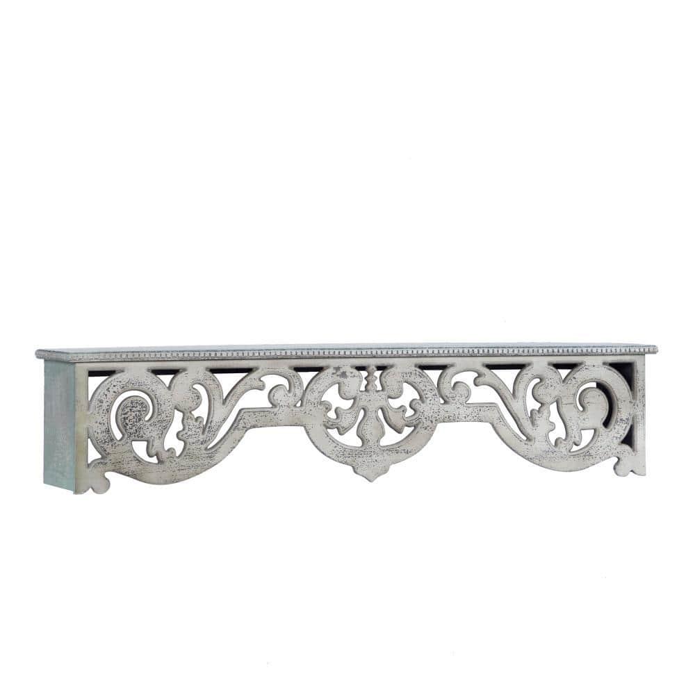 DecMode 48" x 8" 1-Tier Beige Scroll Wall Shelf with Gray Distressing