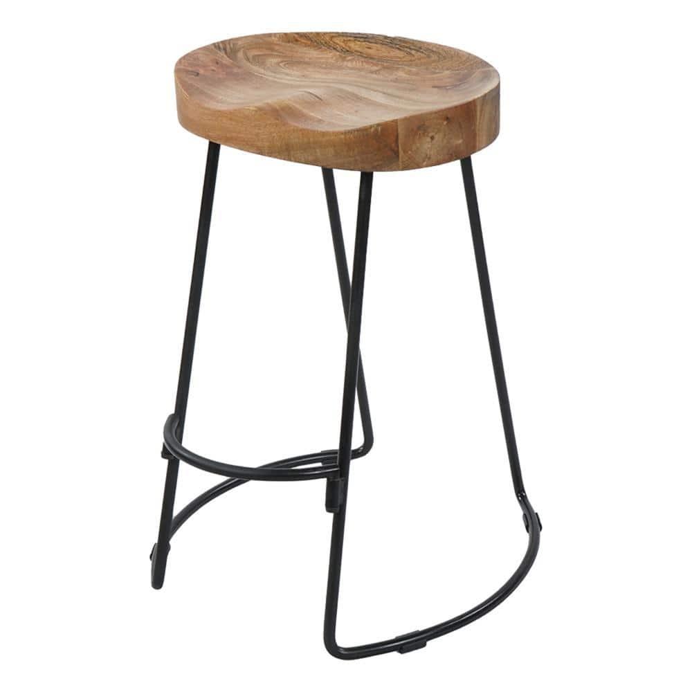 The Urban Port 24 Inch Mango Wood Industrial Counter Height Stool, Saddle Seat, Iron, Set of 2, Brown, Black