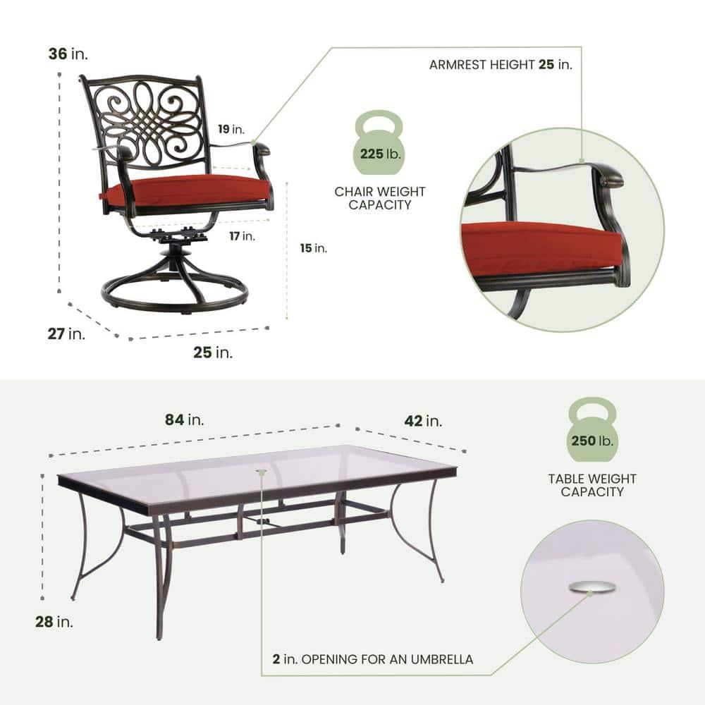 Elegant 8-Person Tempered Glass-Top Outdoor Dining Set with Red Cushions