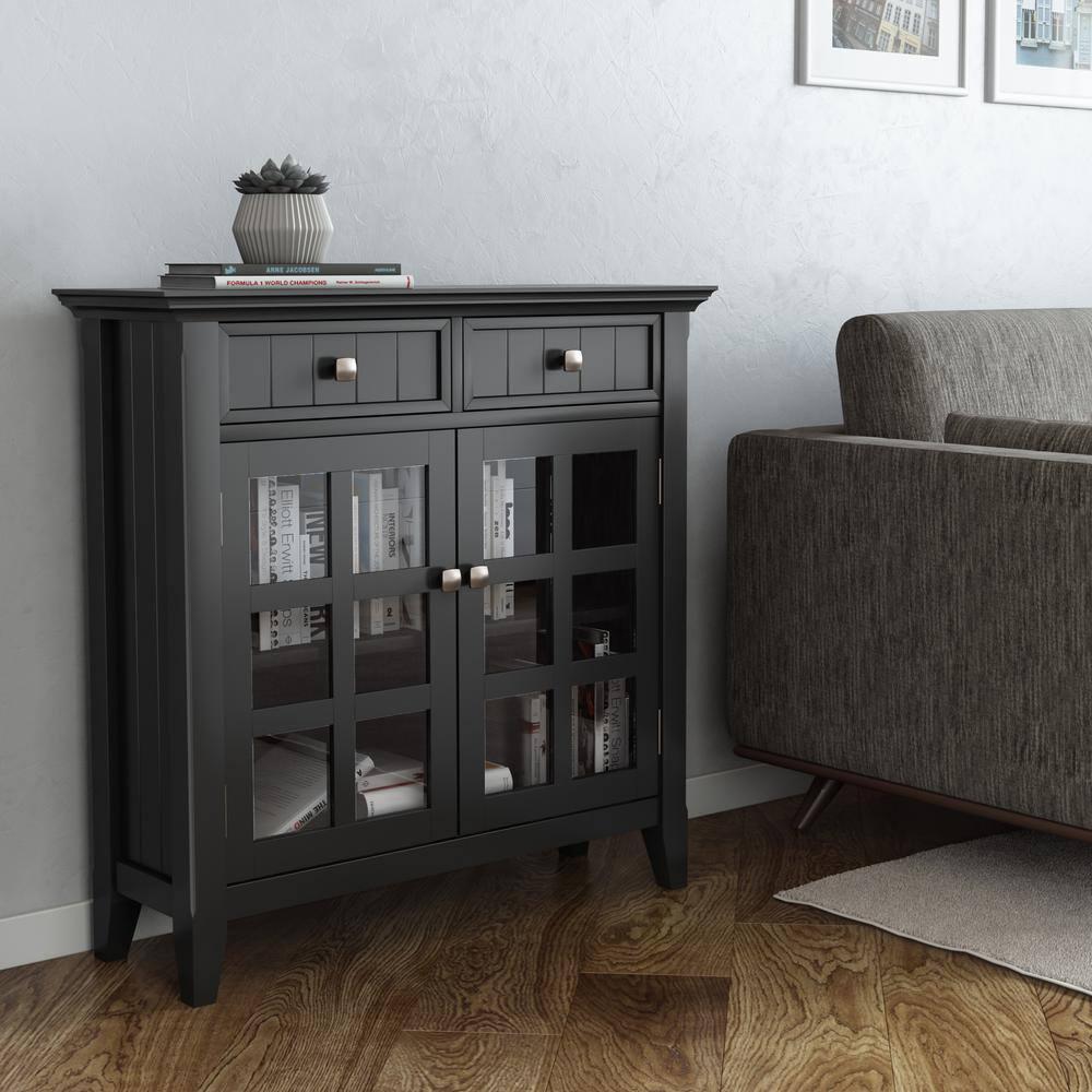 Simpli Home Acadian 36"W Solid Wood 2-Shelf Entryway Storage Cabinet with Glass Doors and 2 Drawers