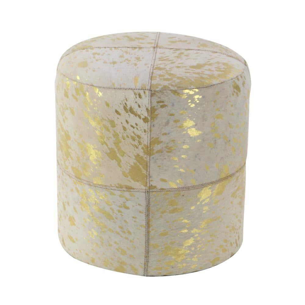 DecMode 16" x 17" Gold Leather Handmade Stool with Gold Foil Paint, 1-Piece