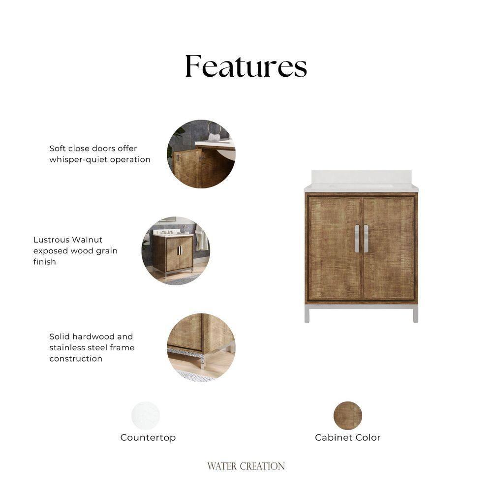 Westin 30" Lustrous Walnut Freestanding Bathroom Vanity with Quartz Top