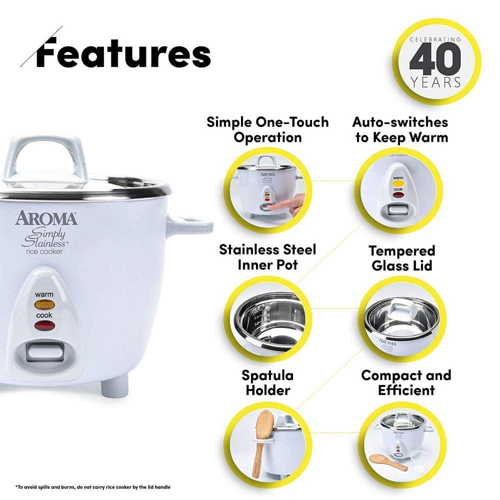 Aroma AROMA® Select Stainless® Pot Style Rice Cooker, 3-Cup (Uncooked) / 6-Cup (Cooked), Stainless Steel Inner Pot