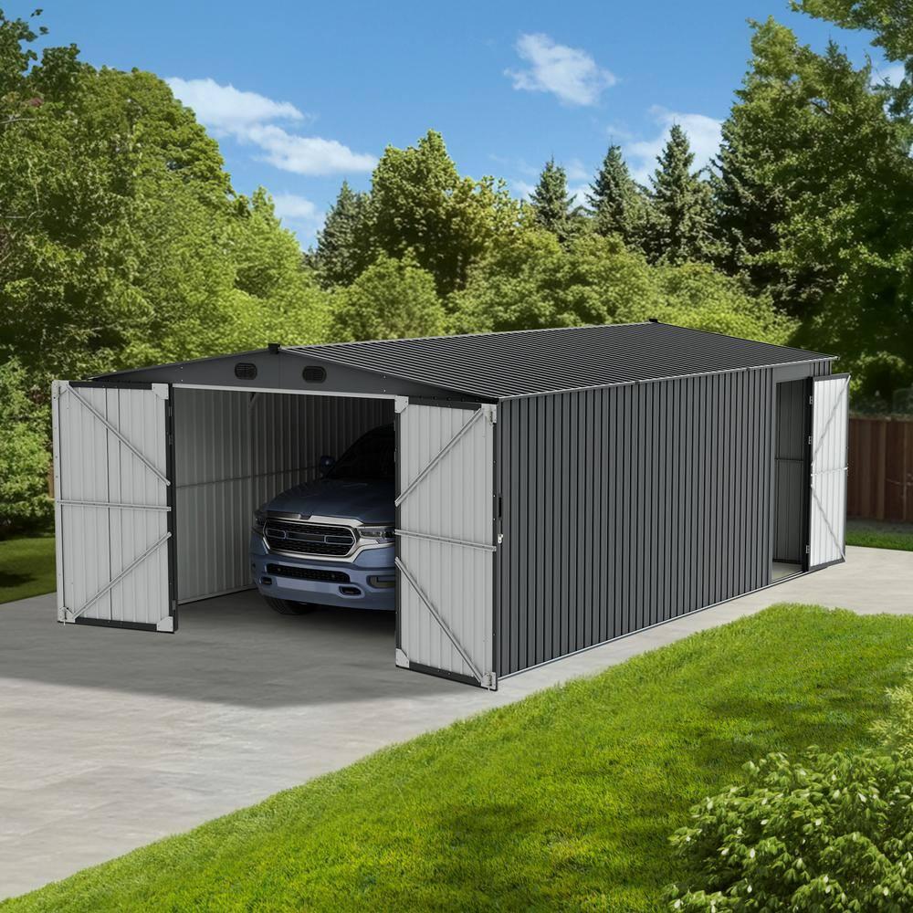 Sunjoy Sunjoy Outdoor Storage Shed 13 x 20 ft. Carport, Patio Metal Utility Large Storage Shed Garage with 2 Doors and 4 Vents, for Car, Truck, Bike, Garbage Can, Tool, Lawnmower
