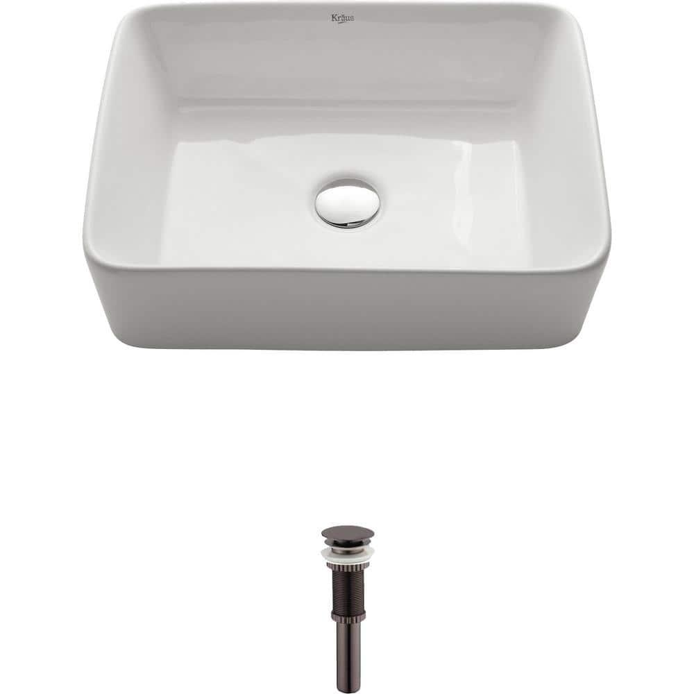 KRAUS Rectangular Ceramic Vessel Bathroom Sink in White with Pop-Up Drain in Oil Rubbed Bronze