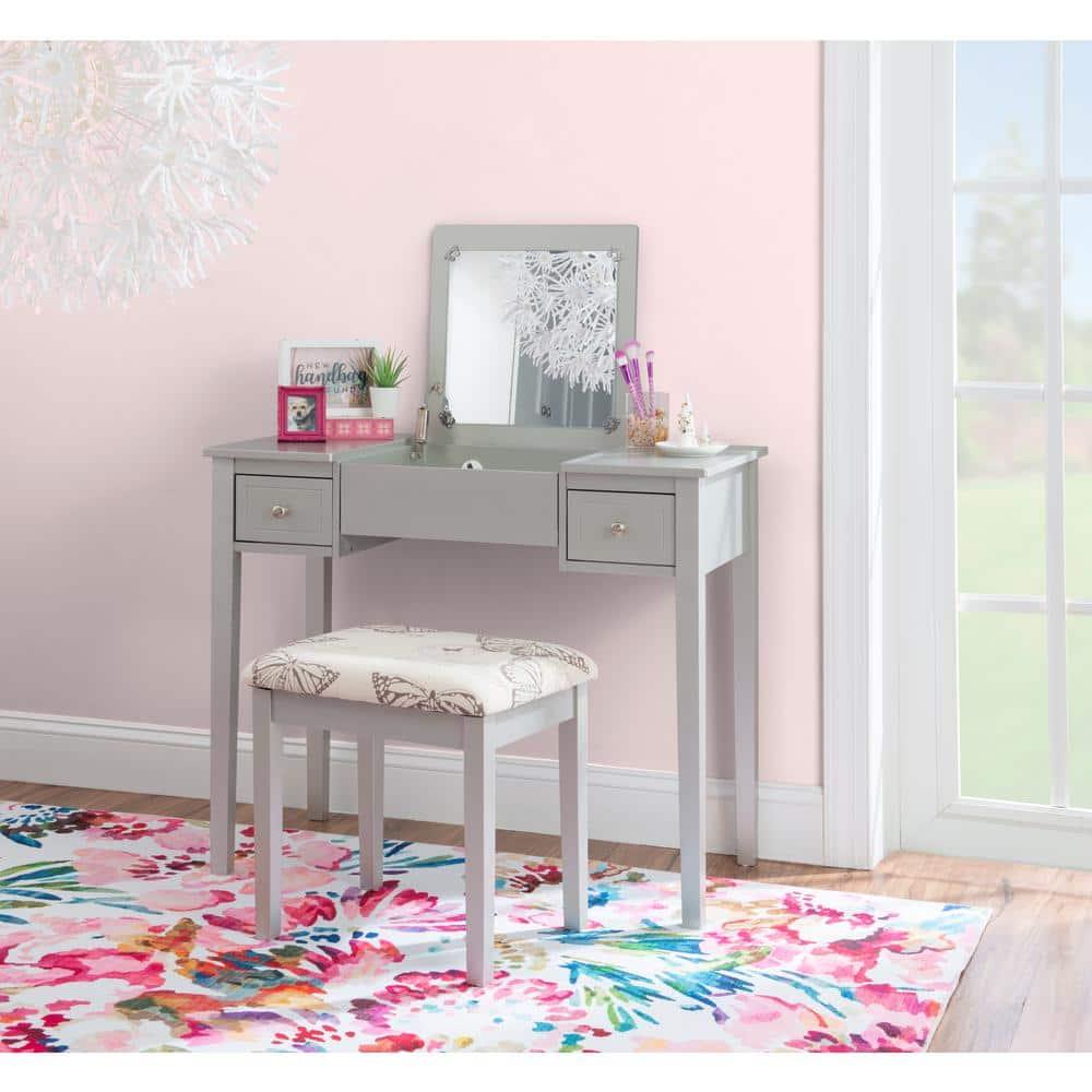 Traditional Wood Flip Up Mirror Drop Drawer Butterfly Vanity and Stool Silver - Linon