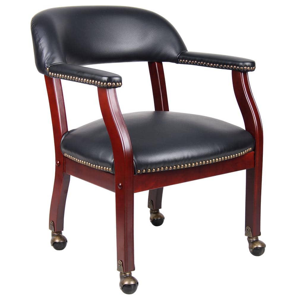 Captain's Chair with Casters Black - Boss Office Products: Mahogany Base, Vinyl Upholstery, Brass Castors