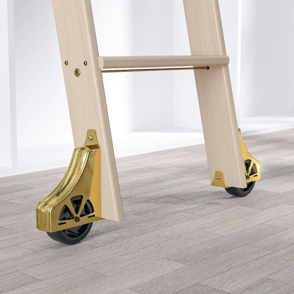 92 in. Clear Finished Red Oak Library Ladder (104 in. Reach) Polished Brass Top Hook Ladder Kit with 12 ft. Rail