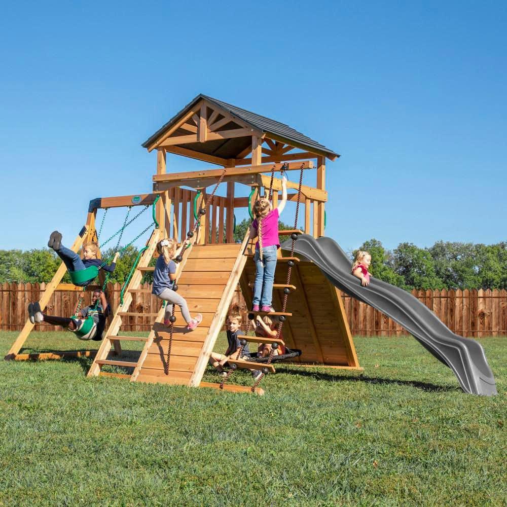 Backyard Discovery Endeavor Cedar Wood Swing Set, Slide, Play Deck, Rock Wall, Rope Ladder