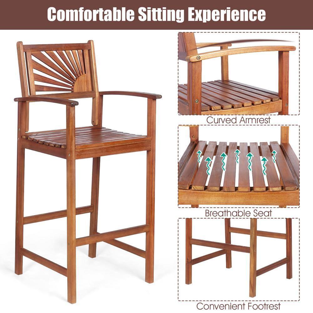 Topbuy Acacia Wood Outdoor Bar Stools with Footrest and Backrest - Set of 2, Reddish Brown