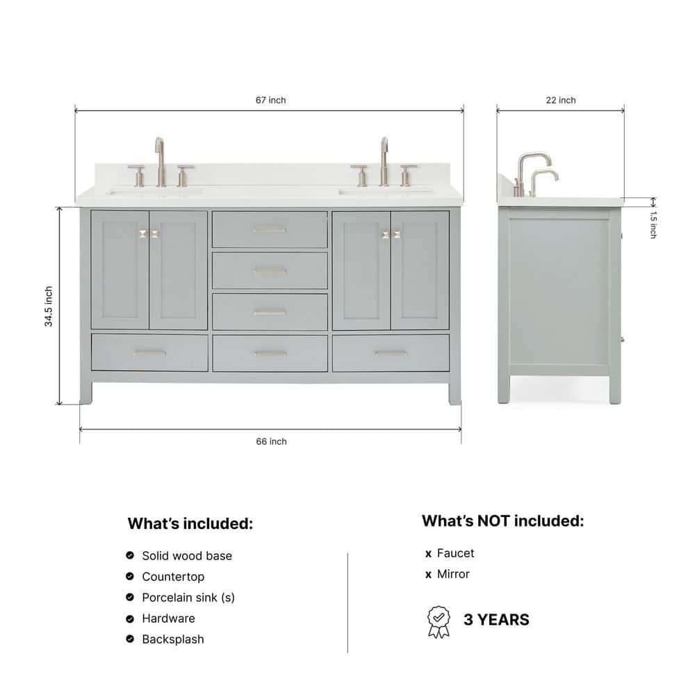 Ariel A067dwqrvo Cambridge 67" Free Standing Double Rectangular Basin Vanity Set - Grey