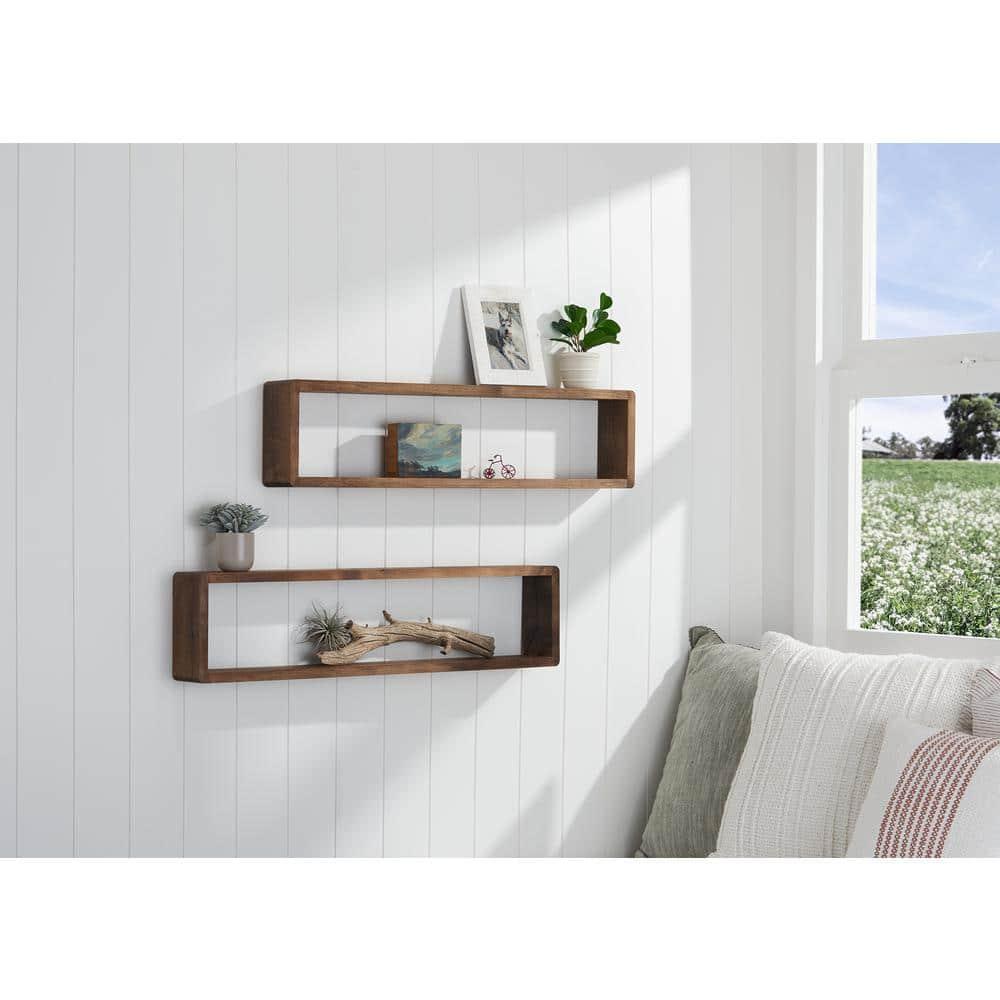 Stackable Floating Shelves, Farmhouse Style Decorative Box Bookshelves for Bedroom, Living Room, and More, Solid Wood, 8" H x 32" W x 4.00" D, Walnut Finish, 2-Pack