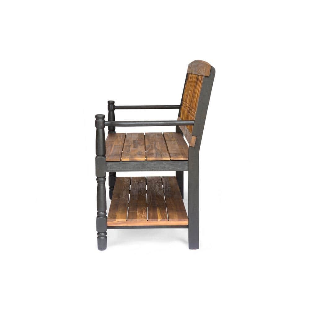 GDF Studio Kuhn Indoor/Outdoor Acacia Wood Bench with Shelf, Teak and Black