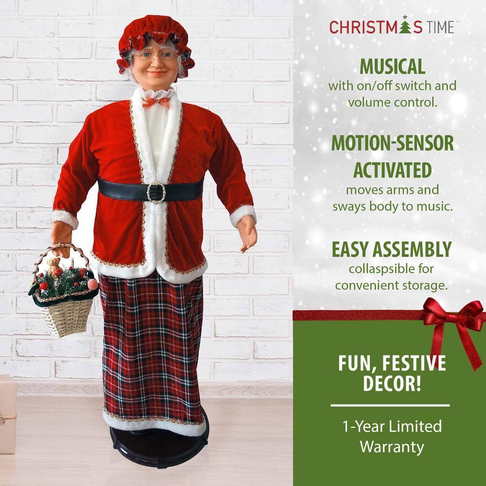 Christmas Time 58-In. Dancing Mrs. Claus with Tartan Skirt and Gift Basket | Animated Indoor Christmas Holiday Home Decor | CT-AMC058M-13RED