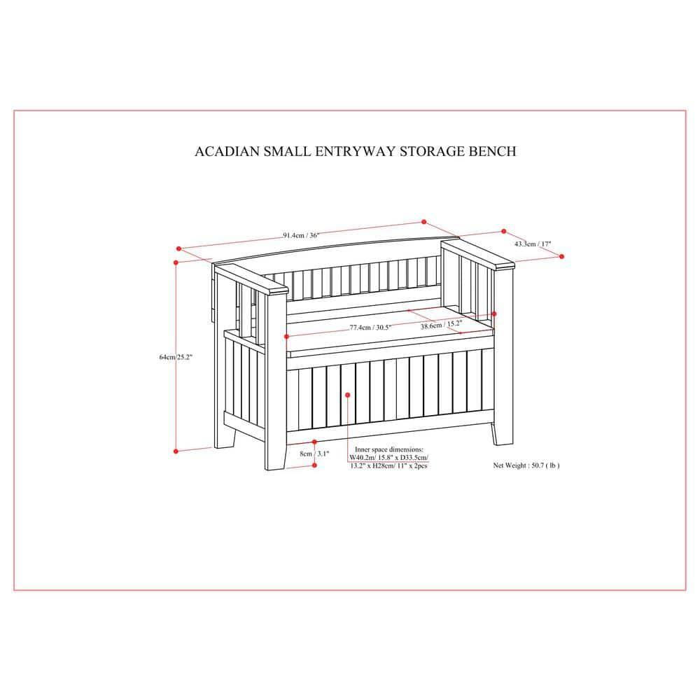 Simpli Home Acadian SOLID WOOD 36 inch Wide Transitional Small Entryway Storage Bench in Brunette Brown