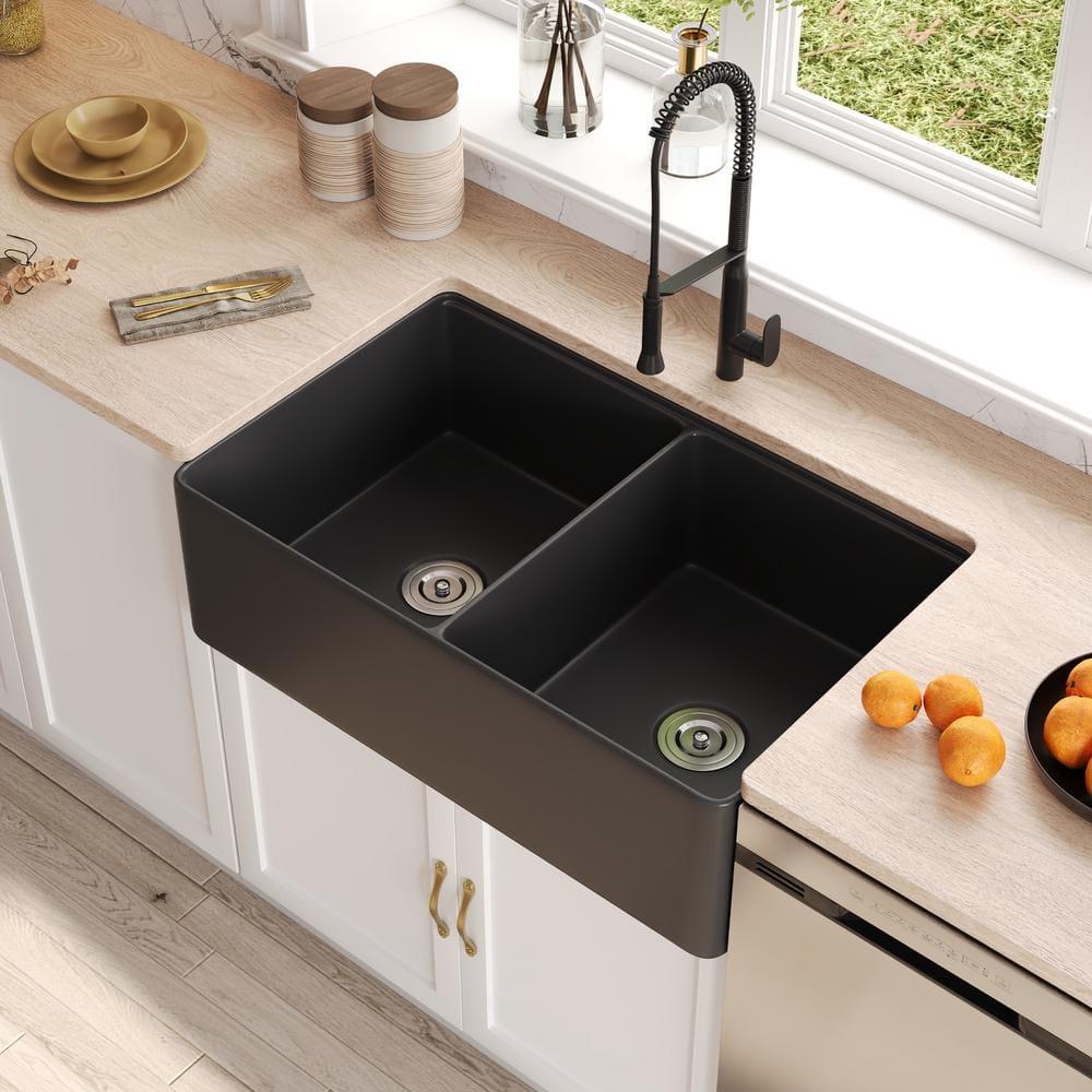 DeerValley 33" L X 20" W Double Basin Workstation Farmhouse Kitchen Sink With Sink Grid, Cutting Board And Dish-Drying Rack