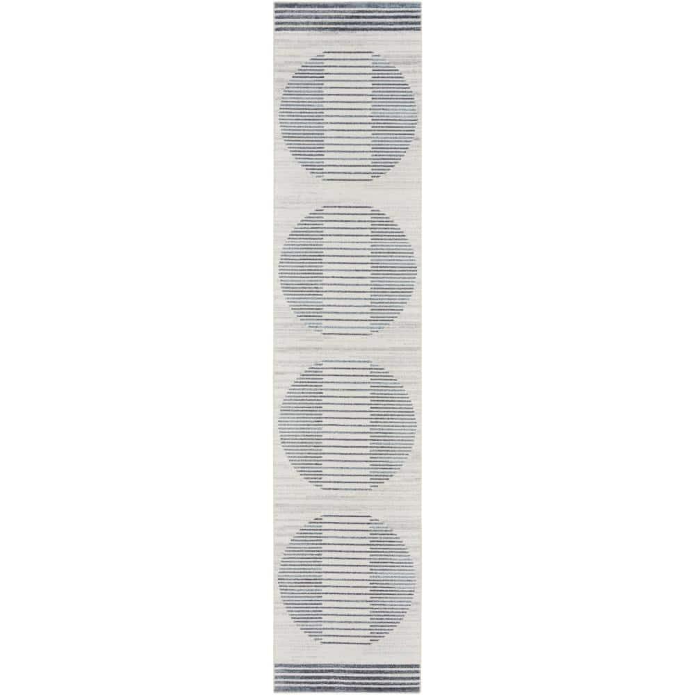 Nourison Astra Machine Washable Stripe Circle Mid-Century Modern Indoor Bathroom, Kitchen Runner Rug Ivory Blue 2'2" x 10'