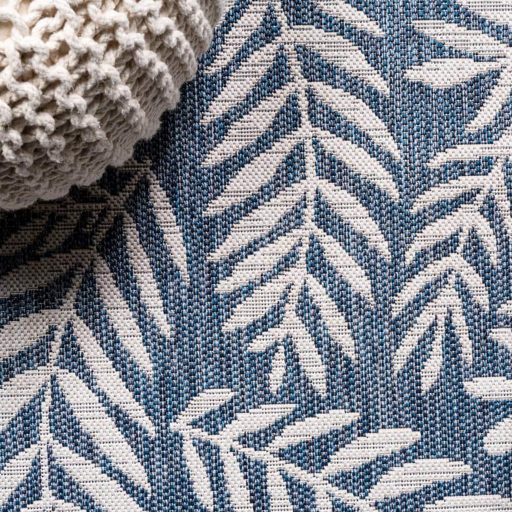 5' Square Nevis Palm Frond Indoor/Outdoor Area Rug, Navy/Ivory - JONATHAN Y