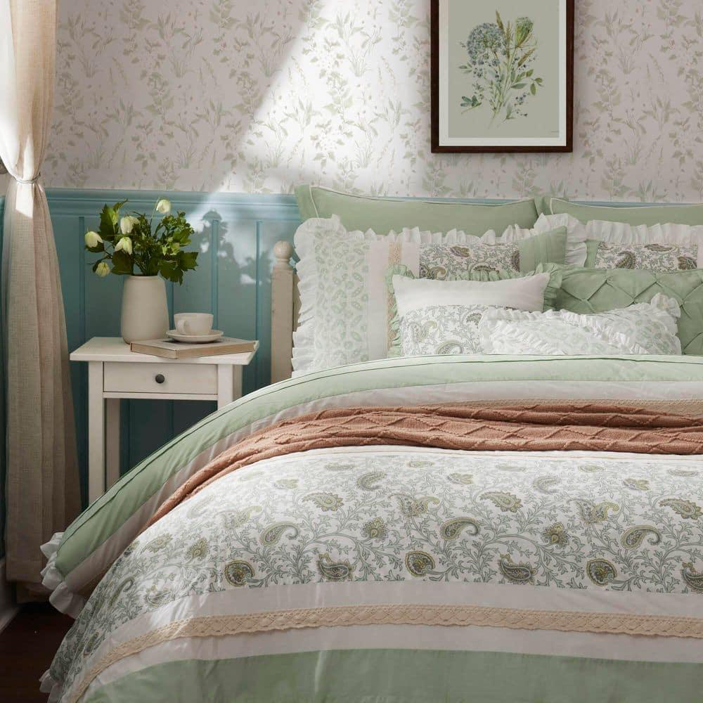 Sage Green Cotton King Reversible Comforter Set with Decorative Pillows