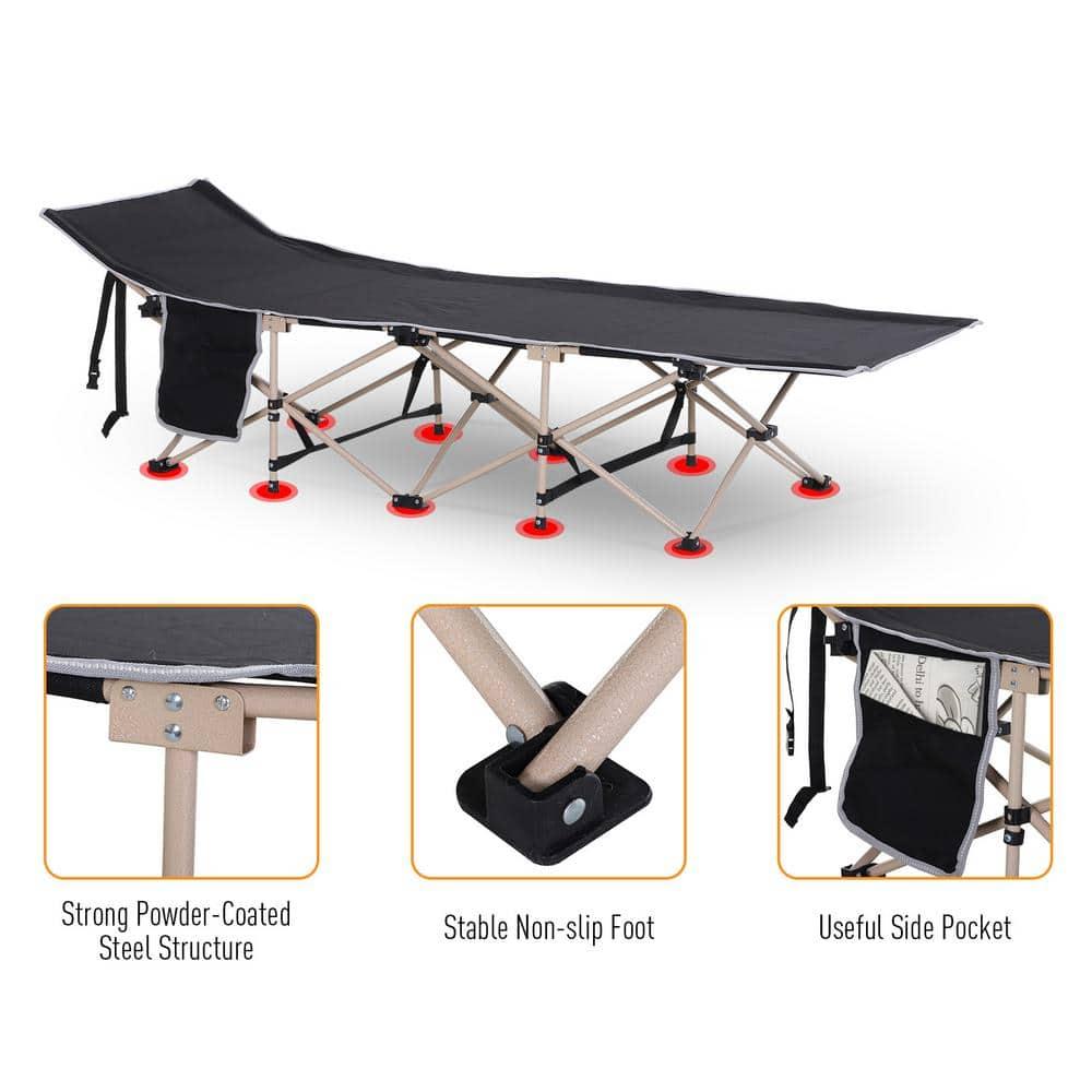 Outsunny Folding Camping Cot for Adults with Carry Bags, Side Pockets, Outdoor Portable Sleeping Bed for Travel Camp Vocation, Black