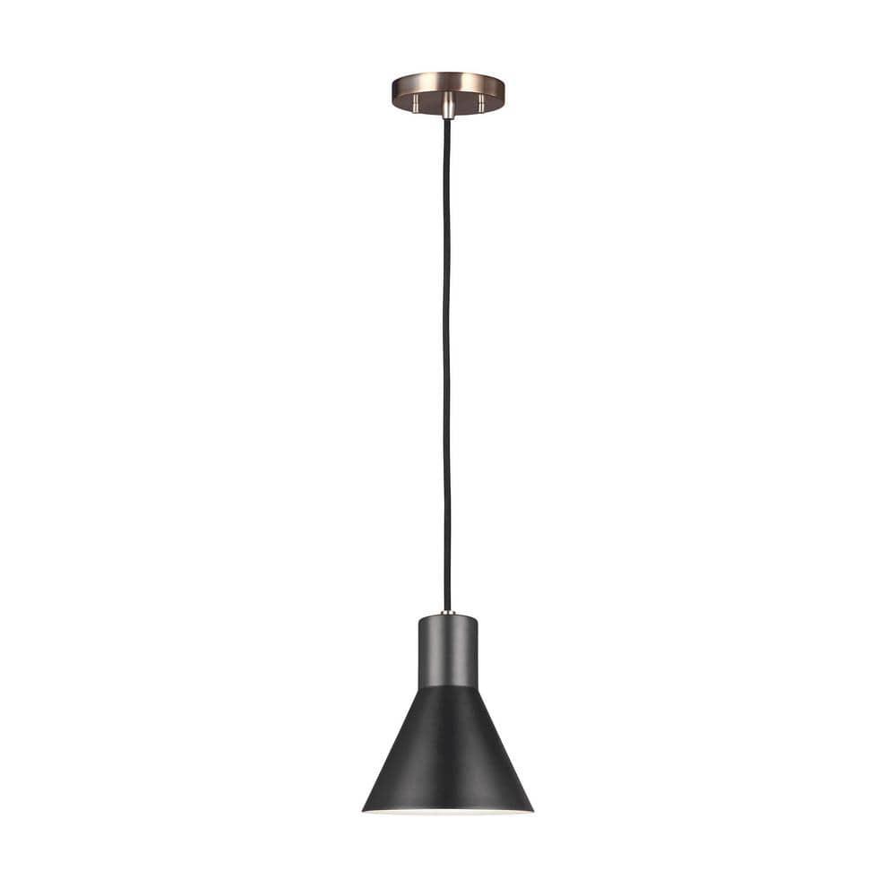 Towner 1-Light Satin Brass Accents Pendant with Black Shade LED Bulb