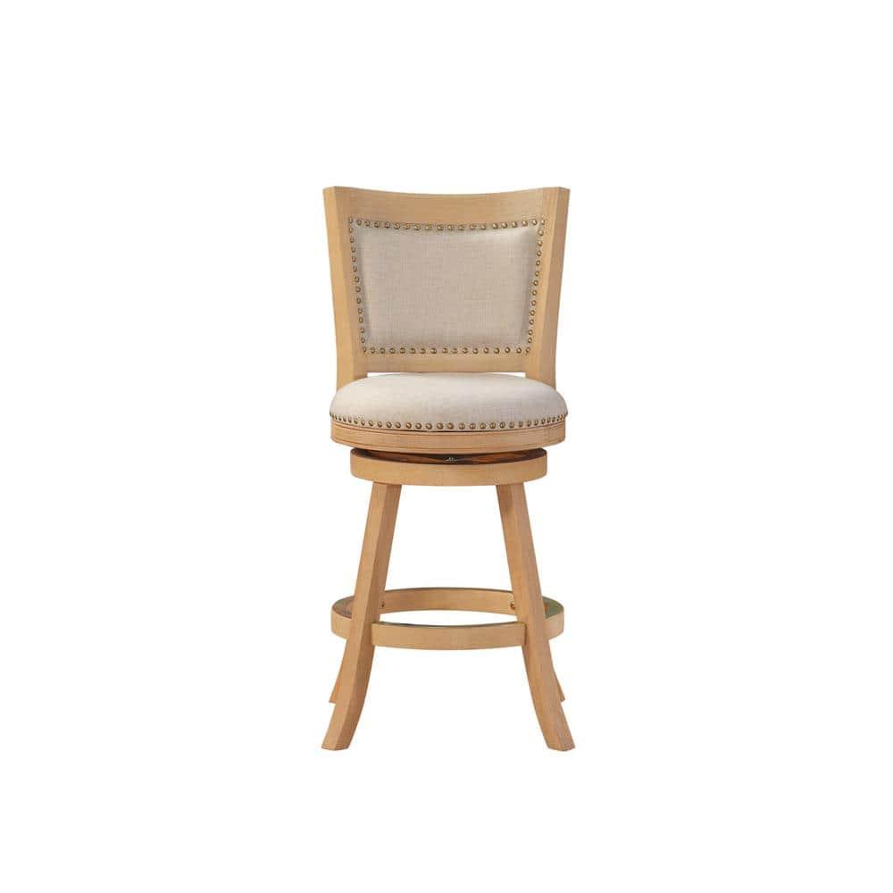 Boraam Melrose Distressed 24" Counter Height Barstool - Driftwood Crème: Linen Upholstery, Nailhead, Swivel, Wood Legs