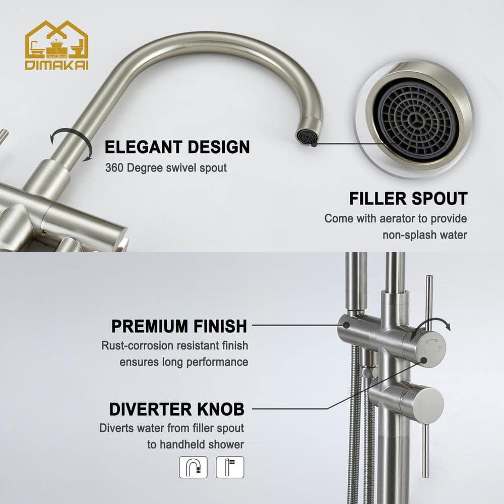 Double Handle Floor Mounted Freestanding Tub Filler With Handshower