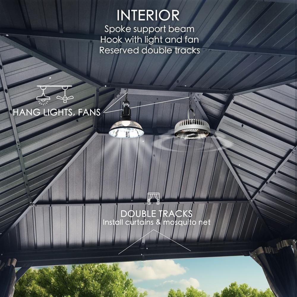 Arlmont & Co. Istref 10x12 Dark Brown Double Roof Hardtop Gazebo with Curtain and Mosquito Netting