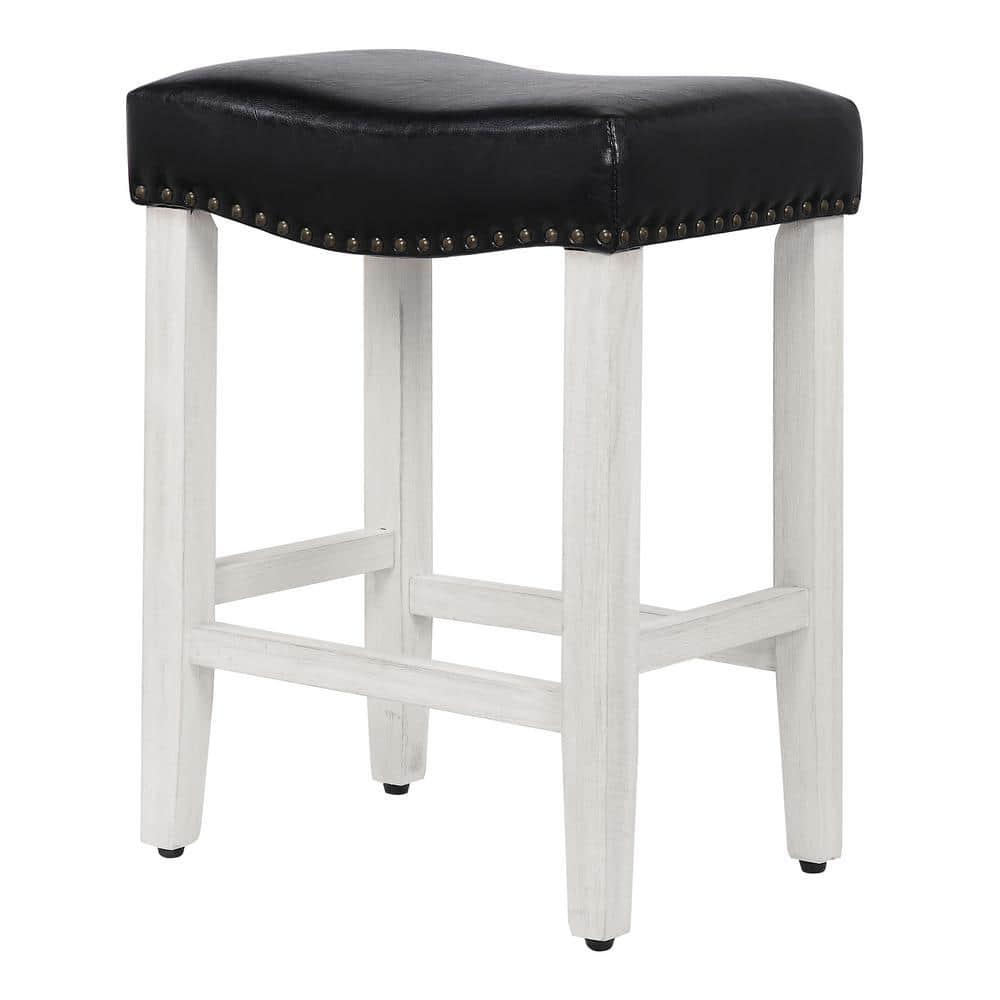 GRANDVILLA 24" Upholstered Bar Stool with Nail Head Trim, Antique White/Leather