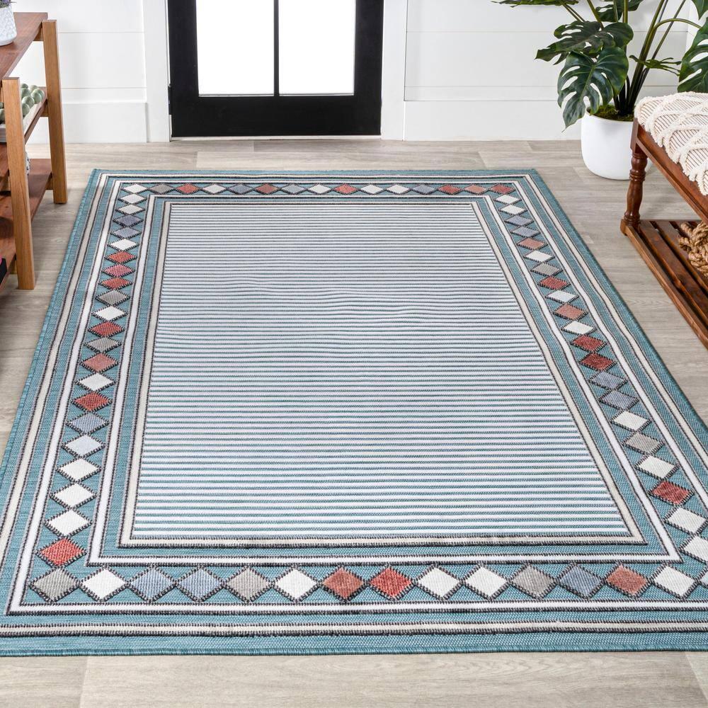 JONATHAN Y Sebastian High-Low Modern Diamond Border Blue/Ivory 5 ft. x 8 ft. Indoor/Outdoor Area Rug