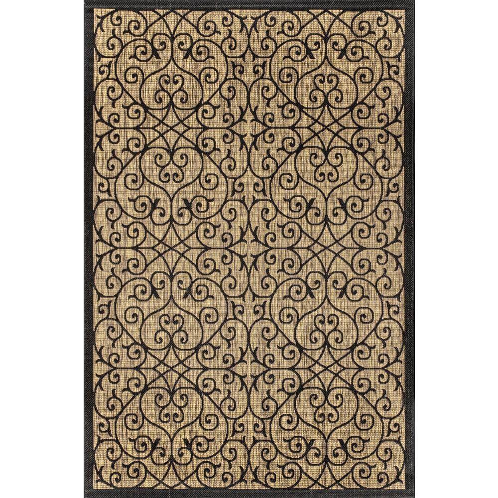 4'x6' Madrid Vintage Filigree Textured Weave Indoor/Outdoor Area Rug, Black/Khaki - JONATHAN Y