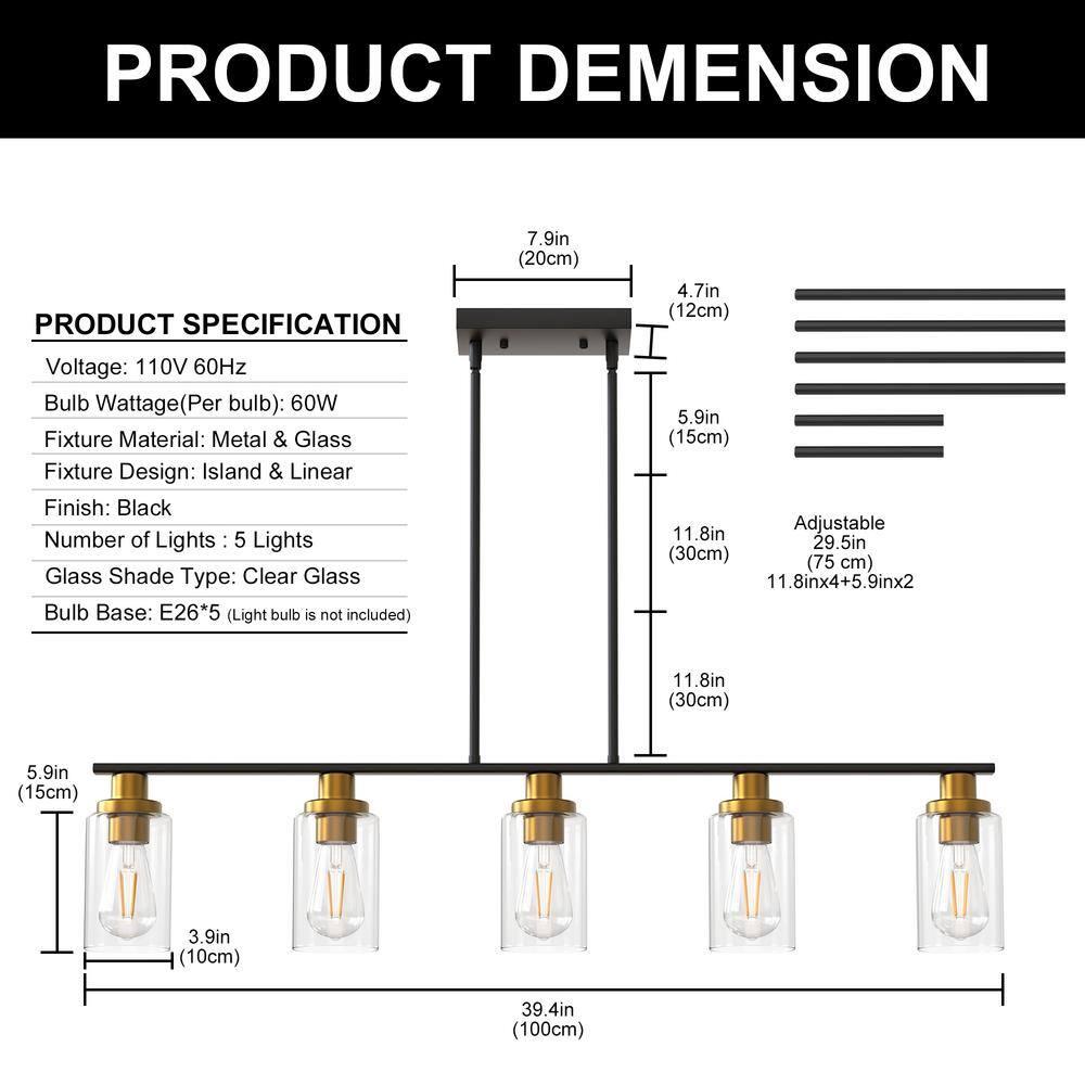 Island Light for Kitchen, 5 Lights Dining Room Lights Fixture with Clear Glass Shade, Matte Black and Gold Finish Pendant Lighting Over Table - ETL Listed