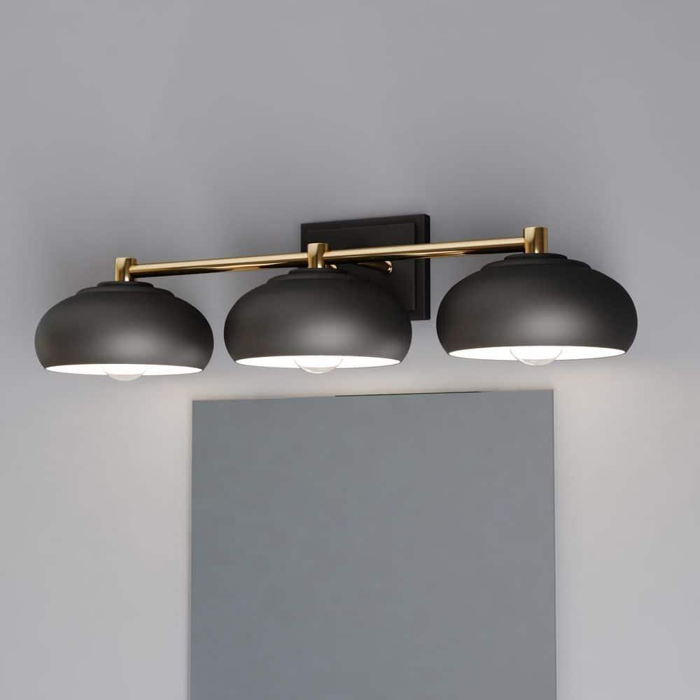 Belmont 3 Light Black and Brass Mid Century Modern Dome Bathroom Vanity Fixture
