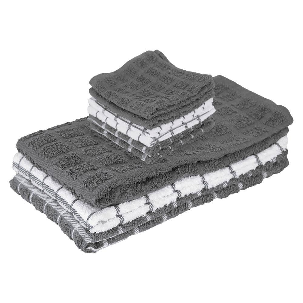 John Ritzenthaler Co. Ritz 3-Pack Terry Check Kitchen Towel Set and 6-Pack Terry Check Dish Cloth Set, Grey