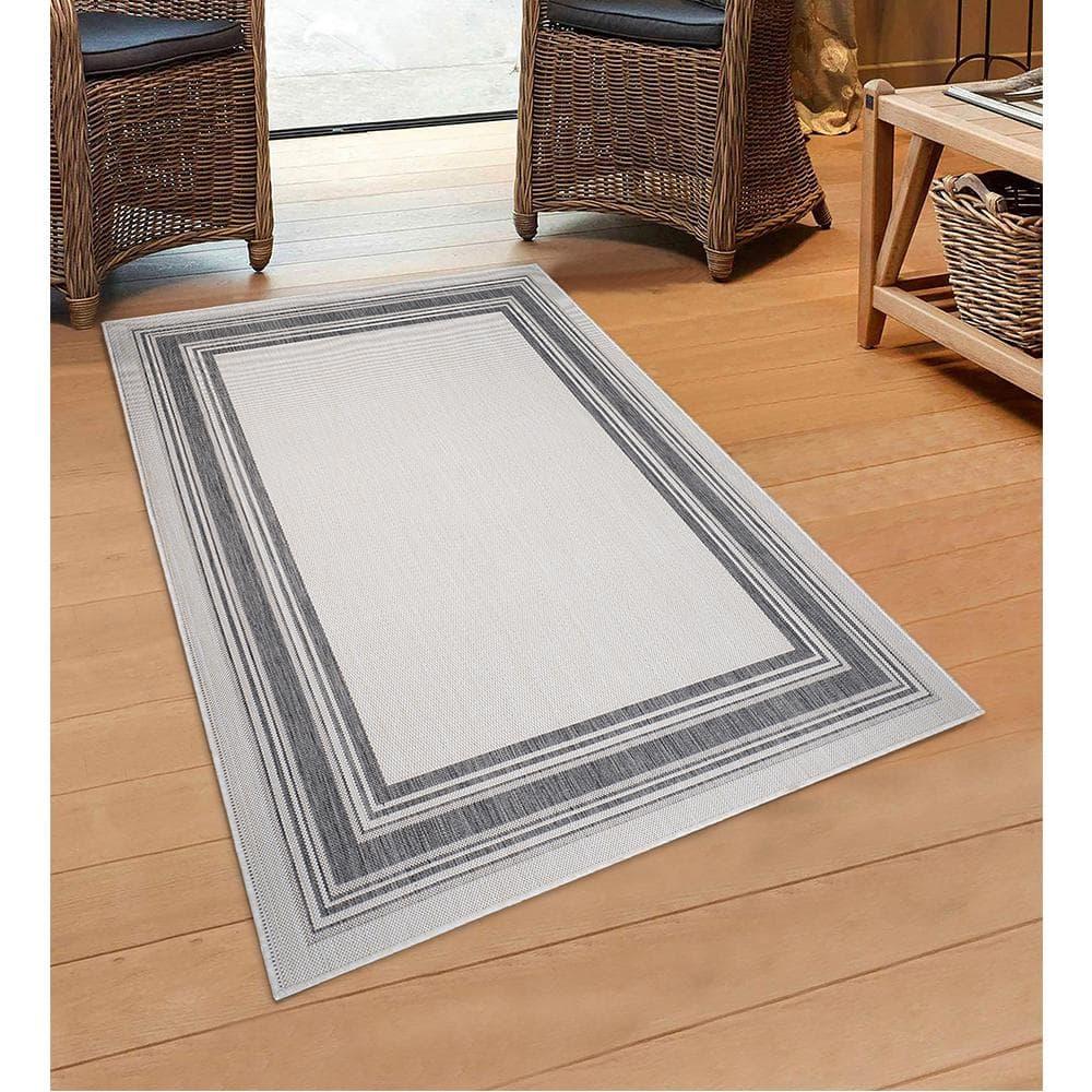LR Home Kiara 5'3" x 7', Ivory/Black/Gray Bordered Fade & Stain Resistant Indoor/Outdoor Area Rug
