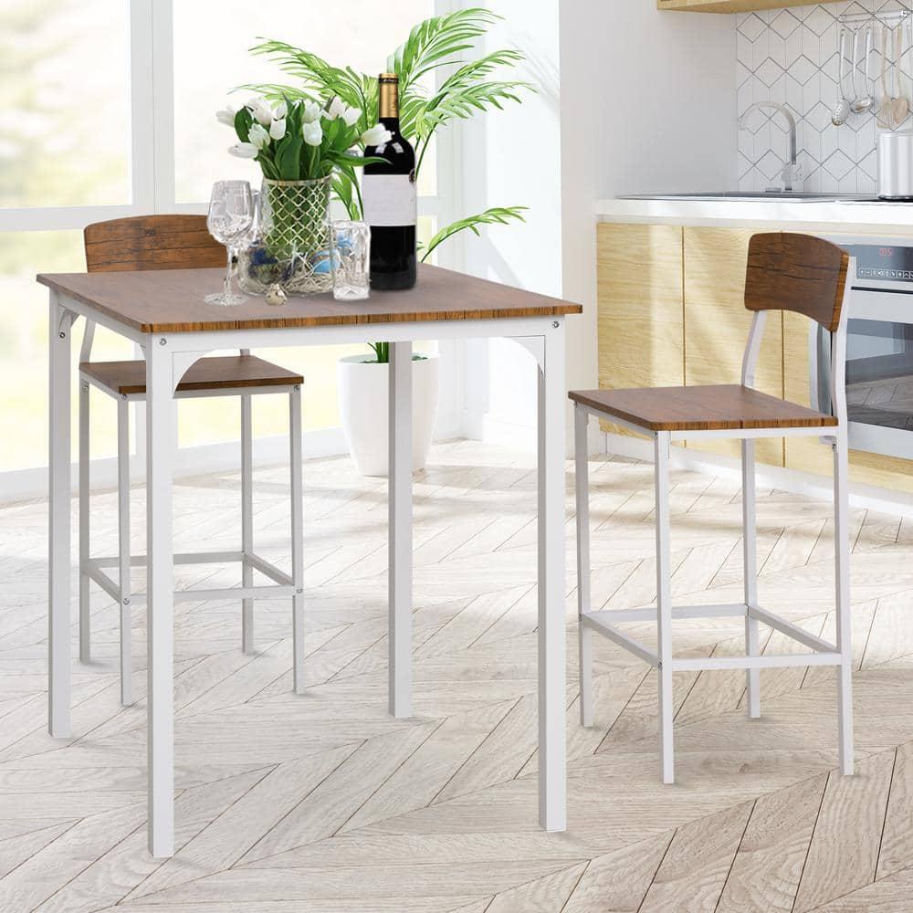 HOMCOM 3 Piece Bar Table and Chairs Set, Industrial Small Dining Table Set for 2, Square Kitchen Table and Stools, Walnut and White