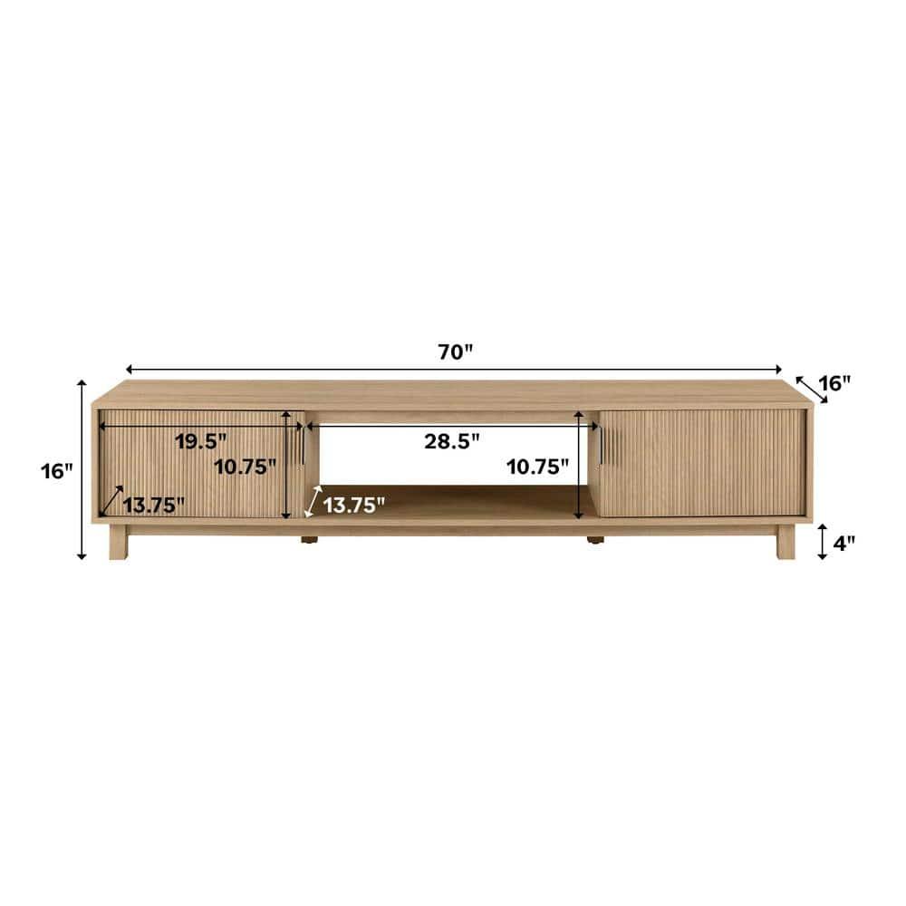 Walker Edison Mid-Century Modern Reeded 2-Door TV Stand for TVs up to 80”, Coastal Oak