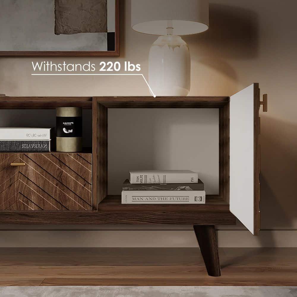 Living Skog  Alba Beige TV Stand Console with Drawer Fits TV's up to 65 in. with Wood Legs Mid Century Modern Design Brown Laminate,MDF Up to 240 lbs