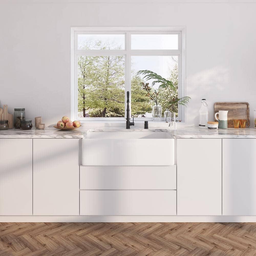 Denbigh 36'' W Farmhouse / Apron Single Bowl White Fireclay Kitchen Sink with Accessories